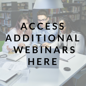 Black text reading "access additional webinars here" over a faded image of three people in a library, with books behind them, looking at the same laptop screen