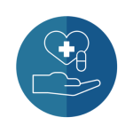 Centered blue circle with variegated tones features a plus sign (first aid symbol) inside a white heart, with the outline of a pill overlapping, both poised over an open hand; all drawn in a simple white outline