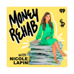 Money Rehab logo featuring a soft yellow background, black handwriting font, and host Nicole Lapin, seated
