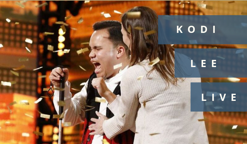 Image features words "Kodi Lee Live" in white text on navy blue rectangles, superimposed over photo of Kodi Lee on stage during his AGT audition with his mom, surrounded by gold confetti.