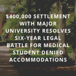 $400,000 settlement with major university resolves six-year legal battle for medical student denied accommodations. Design elements: White san serif font, all caps, imposed on a faded image of a tree-lined walkway on a university campus
