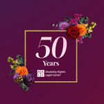 50 years - DRLC logo with floral accents on dark purple-red gradient background.