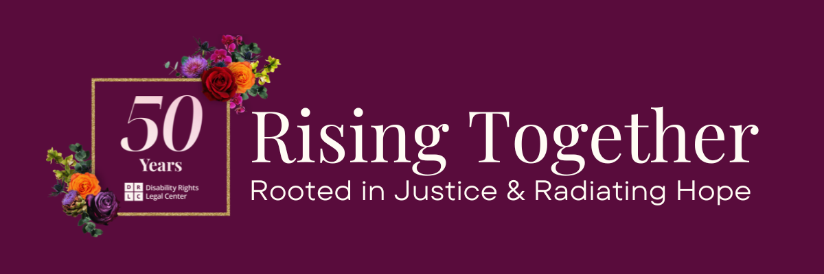 Rising together: Rooted in justice, radiating hope. 50 years - DRLC logo.