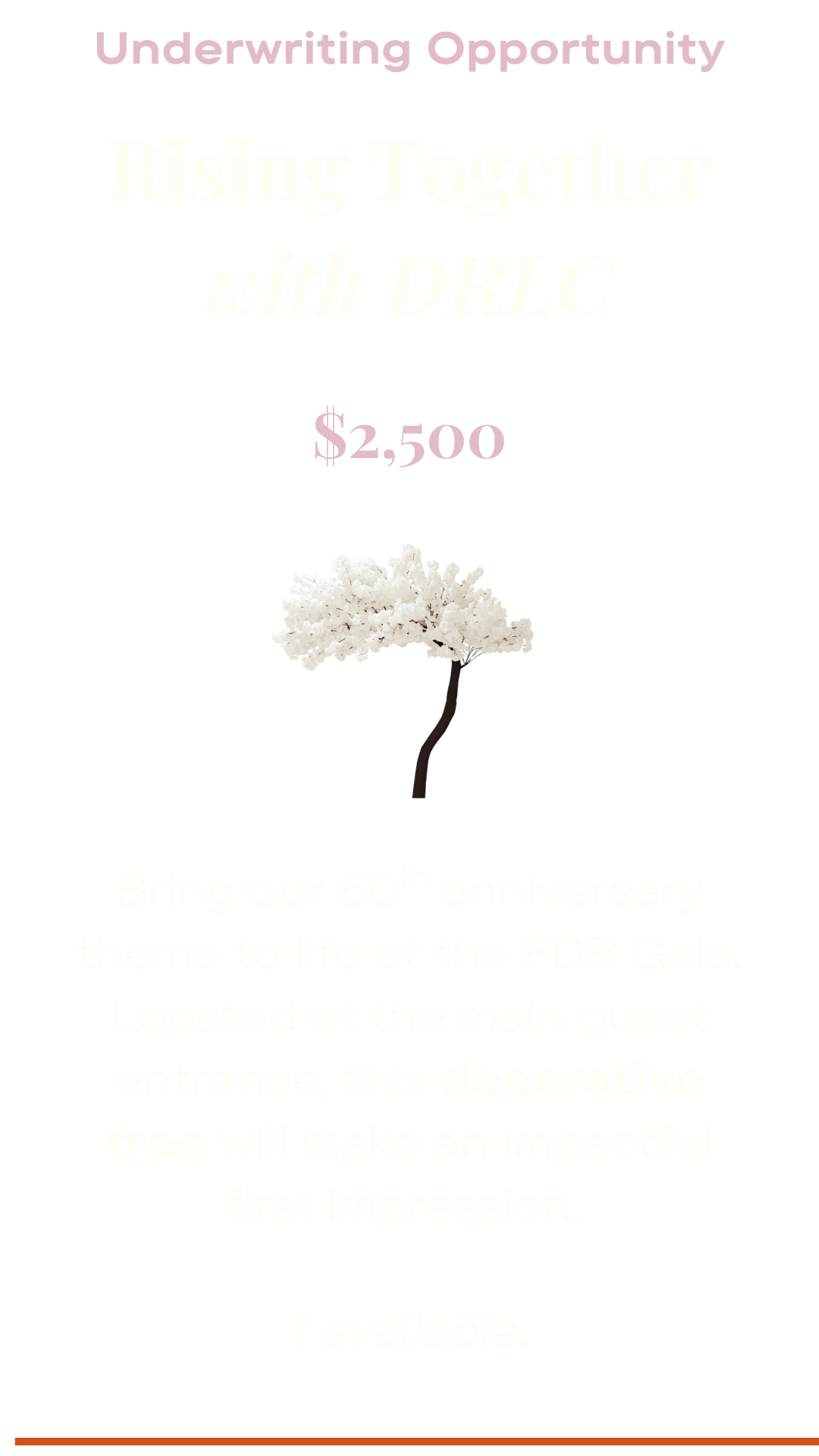 Underwriting opportunity: Rising together with DRLC: Bring our 50th anniversary theme to life at the FDR Gala. Located at the main guest entrance, this decorative tree will make an impactful first impression. One available. $2,500.