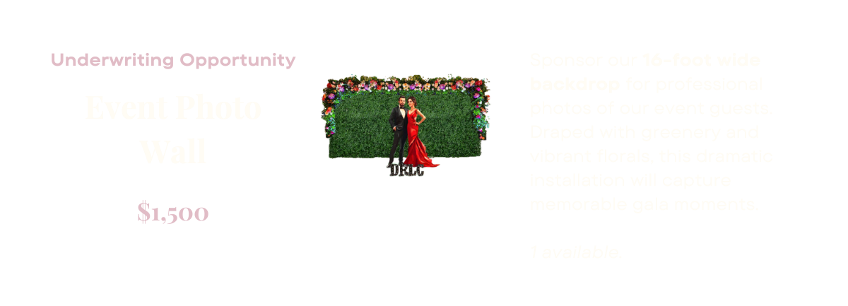Underwriting opportunity: Event Photo Wall: Sponsor our 16-foot wide backdrop for professional photos of our event guests. Draped with greenery and vibrant florals, this dramatic installation will capture memorable gala moments. 1 available. $1,500.