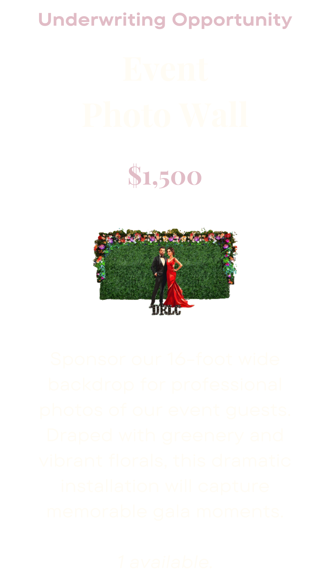 Underwriting opportunity: Event Photo Wall: Sponsor our 16-foot wide backdrop for professional photos of our event guests. Draped with greenery and vibrant florals, this dramatic installation will capture memorable gala moments. 1 available. $1,500.